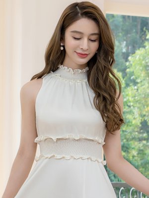 画像4: [送料無料][GINZA COUTURE]ホワイト・ロイヤルブルー・ブルー・ピンク・レッド・ラベンダー・パープル・ワインレッド・イエロー・首元フリル・シンプル・ウエストマーク・マキシ・アメリカンスリーブ・Aライン・ロングドレス[即日発送][大きいサイズあり]