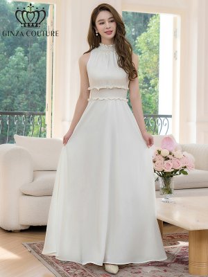 画像5: [送料無料][GINZA COUTURE]ホワイト・ロイヤルブルー・ブルー・ピンク・レッド・ラベンダー・パープル・ワインレッド・イエロー・首元フリル・シンプル・ウエストマーク・マキシ・アメリカンスリーブ・Aライン・ロングドレス[即日発送][大きいサイズあり]