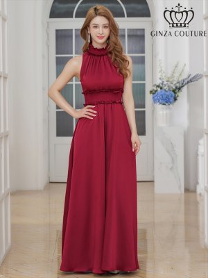 画像1: [送料無料][GINZA COUTURE]ワインレッド・レッド・ピンク・ラベンダー・パープル・ロイヤルブルー・ブルー・ホワイト・首元フリル・シンプル・エストマーク・マキシ・ノースリーブ・Aライン・ロングドレス[即日発送][大きいサイズあり]