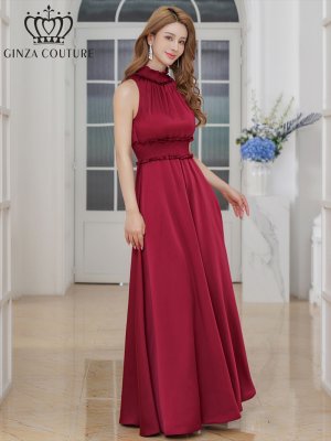 画像2: [送料無料][GINZA COUTURE]ワインレッド・レッド・ピンク・ラベンダー・パープル・ロイヤルブルー・ブルー・ホワイト・首元フリル・シンプル・エストマーク・マキシ・ノースリーブ・Aライン・ロングドレス[即日発送][大きいサイズあり]