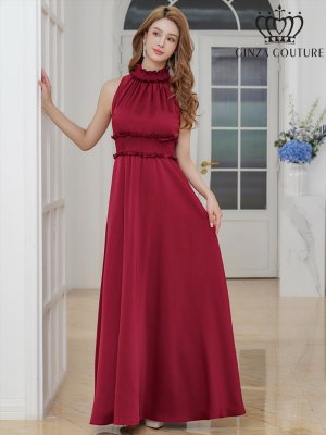 画像6: [送料無料][GINZA COUTURE]ワインレッド・レッド・ピンク・ラベンダー・パープル・ロイヤルブルー・ブルー・イエロー・ホワイト・首元フリル・シンプル・ウエストマーク・マキシ・アメリカンスリーブ・Aライン・ロングドレス[即日発送][大きいサイズあり]