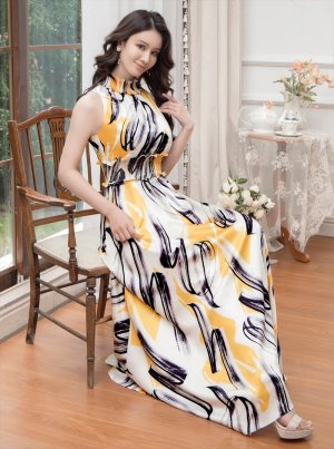 画像6: [送料無料][GINZA COUTURE]イエロー×ブラック・レッド×ブラック・ペイント柄・サテン・首元フリル・シンプル・ウエストマーク・マキシ・アメリカンスリーブ・Aライン・ロングドレス[即日発送][大きいサイズあり]
