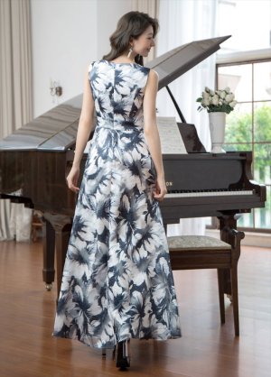 画像9: [送料無料][GINZA COUTURE]ブラウン・ブラック・ピンク・ノースリーブ・花柄・大人カラー・ハイウエスト・Aライン・ノースリーブ・ロングドレス[即日発送][大きいサイズあり]