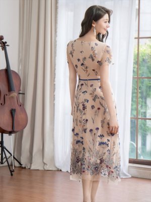 画像3: [送料無料][GINZA COUTURE]ベージュ×ブルー・ベージュ×ピンク・総レース・Aライン・フラワー刺繍・半袖・ミニドレス・ワンピース[即日発送][大きいサイズあり]