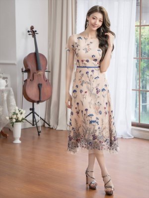 画像5: [送料無料][GINZA COUTURE]ベージュ×ブルー・ベージュ×ピンク・総レース・Aライン・フラワー刺繍・半袖・ミニドレス・ワンピース[即日発送][大きいサイズあり]