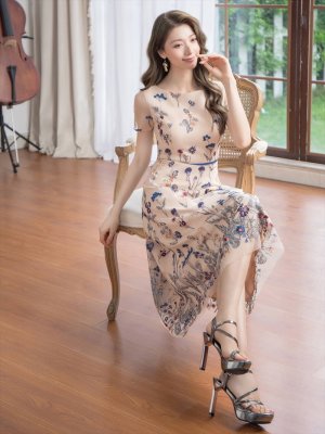 画像6: [送料無料][GINZA COUTURE]ベージュ×ブルー・ベージュ×ピンク・総レース・Aライン・フラワー刺繍・半袖・ミニドレス・ワンピース[即日発送][大きいサイズあり]