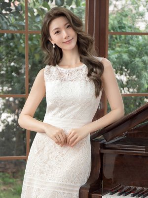 画像4: [送料無料][GINZA COUTURE]ホワイト・総レース・ノースリーブ・ハイウエスト・Aラインミディアムドレスワンピース[即日発送][大きいサイズあり]