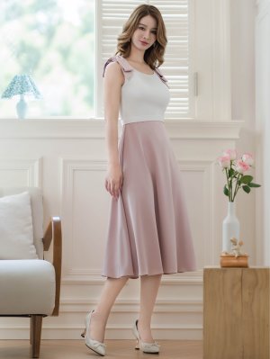 画像3: [送料無料][GINZA COUTURE]ホワイト×ピンク・バイカラー・肩リボン・ノースリーブ・Aライン・ハイウエスト・ミディアムドレス・ワンピース[即日発送][大きいサイズあり]