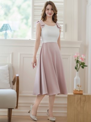 画像6: [送料無料][GINZA COUTURE]ホワイト×ピンク・バイカラー・肩リボン・ノースリーブ・Aライン・ハイウエスト・ミディアムドレス・ワンピース[即日発送][大きいサイズあり]