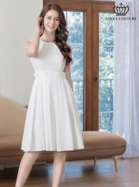 [送料無料][GINZA COUTURE]ホワイト・ネイビー・ノースリーブ・タック・プリーツ・Aライン・ミディアムドレス・ワンピース[即日発送][大きいサイズあり]