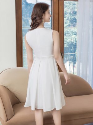 画像9: [送料無料][GINZA COUTURE]ネイビー・ホワイト・ノースリーブ・タック・プリーツ・Aライン・ミディアムドレス・ワンピース[即日発送][大きいサイズあり]