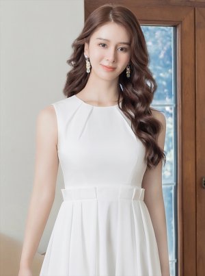 画像10: [送料無料][GINZA COUTURE]ネイビー・ホワイト・ノースリーブ・タック・プリーツ・Aライン・ミディアムドレス・ワンピース[即日発送][大きいサイズあり]