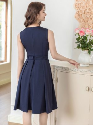 画像3: [送料無料][GINZA COUTURE]ネイビー・ホワイト・ノースリーブ・タック・プリーツ・Aライン・ミディアムドレス・ワンピース[即日発送][大きいサイズあり]