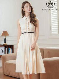 [送料無料][GINZA COUTURE]アイボリー・ベージュ×ブラック・ネイビー・フラワープリント・ボタン・襟付き・Aライン・ノースリーブ・シフォン・ミディアムドレス・ワンピース[即日発送][大きいサイズあり]
