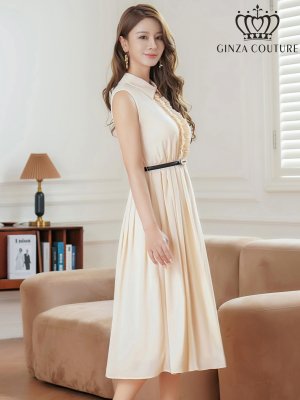 画像2: [送料無料][GINZA COUTURE]アイボリー・ベージュ×ブラック・ネイビー・フラワープリント・ボタン・襟付き・Aライン・ノースリーブ・シフォン・ミディアムドレス・ワンピース[即日発送][大きいサイズあり]
