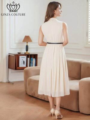 画像9: [送料無料][GINZA COUTURE]ベージュ×ブラック・アイボリー・ネイビー・フラワープリント・ボタン・襟付き・Aライン・ノースリーブ・シフォン・ミディアムドレス・ワンピース[即日発送][大きいサイズあり]