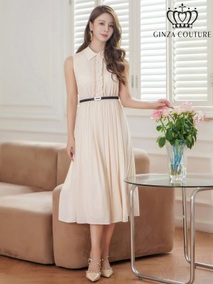 画像11: [送料無料][GINZA COUTURE]ベージュ×ブラック・アイボリー・ネイビー・フラワープリント・ボタン・襟付き・Aライン・ノースリーブ・シフォン・ミディアムドレス・ワンピース[即日発送][大きいサイズあり]