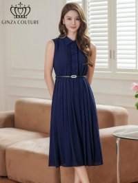 [送料無料][GINZA COUTURE]ネイビー・アイボリー・ベージュ×ブラック・フラワープリント・ボタン・襟付き・Aライン・ノースリーブ・シフォン・ミディアムドレス・ワンピース[即日発送][大きいサイズあり]
