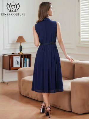 画像15: [送料無料][GINZA COUTURE]ベージュ×ブラック・アイボリー・ネイビー・フラワープリント・ボタン・襟付き・Aライン・ノースリーブ・シフォン・ミディアムドレス・ワンピース[即日発送][大きいサイズあり]