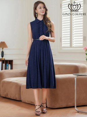 画像17: [送料無料][GINZA COUTURE]ベージュ×ブラック・アイボリー・ネイビー・フラワープリント・ボタン・襟付き・Aライン・ノースリーブ・シフォン・ミディアムドレス・ワンピース[即日発送][大きいサイズあり]