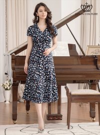 [送料無料][GINZA COUTURE]ブラック×ブルー・ホワイト×ブルー・半袖・プリント・Aライン・ミディアムドレス・ワンピース[即日発送][大きいサイズあり]