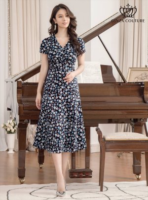 画像1: [送料無料][GINZA COUTURE]ブラック×ブルー・ホワイト×ブルー・半袖・プリント・Aライン・ミディアムドレス・ワンピース[即日発送][大きいサイズあり]