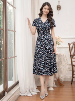 画像11: [送料無料][GINZA COUTURE]ホワイト×ブルー・ブラック×ブルー・半袖・プリント・Aライン・ミディアムドレス・ワンピース[即日発送][大きいサイズあり]