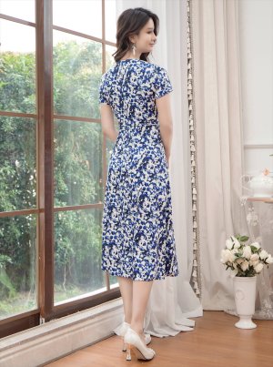 画像4: [送料無料][GINZA COUTURE]ホワイト×ブルー・ブラック×ブルー・半袖・プリント・Aライン・ミディアムドレス・ワンピース[即日発送][大きいサイズあり]