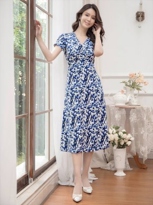 画像6: [送料無料][GINZA COUTURE]ホワイト×ブルー・ブラック×ブルー・半袖・プリント・Aライン・ミディアムドレス・ワンピース[即日発送][大きいサイズあり]