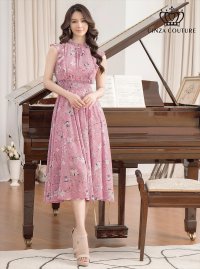 [送料無料][GINZA COUTURE]ピンク・フラワープリント・Aライン・プチハイネック・ミディアムドレス・ワンピース[即日発送][大きいサイズあり]