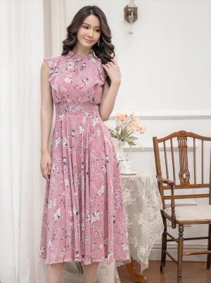 画像2: [送料無料][GINZA COUTURE]ピンク・フラワープリント・Aライン・プチハイネック・ミディアムドレス・ワンピース[即日発送][大きいサイズあり]
