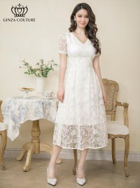 [送料無料][GINZA COUTURE]ホワイト・総レース・金糸・上品・Vネック・半袖・Aライン・ミディアムドレス・ ワンピース[即日発送][大きいサイズあり]