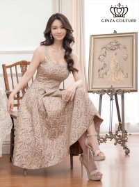 [送料無料][GINZA COUTURE]ベージュ・グリーン・Aライン・ジャガード・ノースリーブ・ミディアムドレス・ワンピース[即日発送][大きいサイズあり]