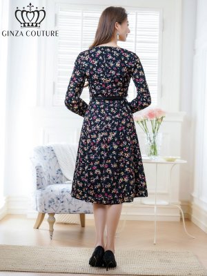 画像3: [送料無料][GINZA COUTURE]ブラック・花柄・プリント・長袖・ベルト・膝丈・Aライン・ミディアムドレス・ワンピース[即日発送][大きいサイズあり]
