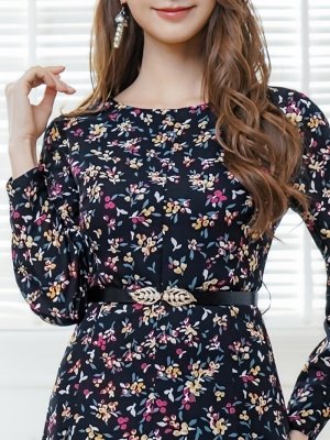 画像4: [送料無料][GINZA COUTURE]ブラック・花柄・プリント・長袖・ベルト・膝丈・Aライン・ミディアムドレス・ワンピース[即日発送][大きいサイズあり]