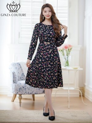 画像5: [送料無料][GINZA COUTURE]ブラック・花柄・プリント・長袖・ベルト・膝丈・Aライン・ミディアムドレス・ワンピース[即日発送][大きいサイズあり]