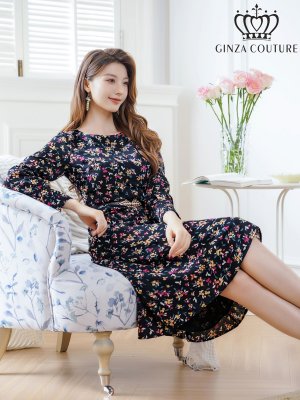 画像6: [送料無料][GINZA COUTURE]ブラック・花柄・プリント・長袖・ベルト・膝丈・Aライン・ミディアムドレス・ワンピース[即日発送][大きいサイズあり]
