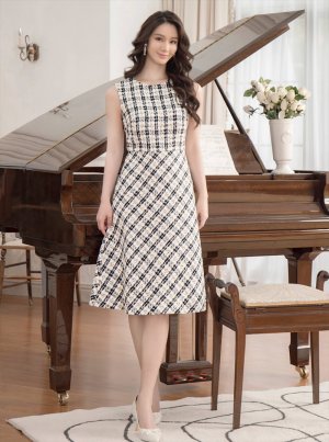 画像5: [送料無料][GINZA COUTURE]ブラック×イエロー・ブラック×レッド・チェック・ツイード・Aライン・ノースリーブ・ミディアムドレス・ワンピース[即日発送][大きいサイズあり]