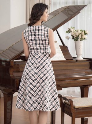 画像9: [送料無料][GINZA COUTURE]ブラック×イエロー・ブラック×レッド・チェック・ツイード・Aライン・ノースリーブ・ミディアムドレス・ワンピース[即日発送][大きいサイズあり]