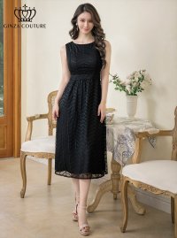 [送料無料][GINZA COUTURE]ブラック・総レース・ノースリーブ・上品・シンプル・ミディアムドレス・ワンピース[即日発送][大きいサイズあり]