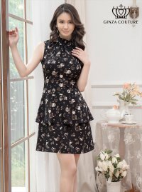 [送料無料][GINZA COUTURE]ブラック・ブラック×ベージュ・プリント・ハイネック・Aライン・ミニドレス・ワンピース[即日発送][大きいサイズあり]