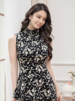 画像10: [送料無料][GINZA COUTURE]ブラック・ブラック×ベージュ・プリント・首元フリル・ウエストマーク・アメリカンスリーブ・ティアード・Aライン・ミニドレス・ワンピース[即日発送][大きいサイズあり]