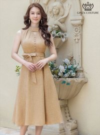 [送料無料][GINZA COUTURE]ベージュ・Aライン・ウエストリボン・シンプル・ミディアムドレス・ワンピース[即日発送][大きいサイズあり]