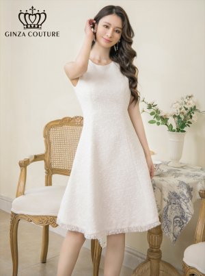 画像1: [送料無料][GINZA COUTURE]ホワイト・イエロー・ツイード・Aライン・シンプル・ドット風・ミディアムドレス・ワンピース[即日発送][大きいサイズあり]