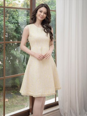 画像2: [送料無料][GINZA COUTURE]イエロー・ホワイト・ツイード・Aライン・シンプル・ドット風・ミディアムドレス・ワンピース[即日発送][大きいサイズあり]