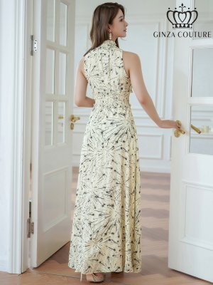 画像3: [送料無料][GINZA COUTURE]ベージュ・首元フリル・金糸・シフォン・ウエストマーク・マキシ・アメリカンスリーブ ・Aライン・ロングドレス[即日発送][大きいサイズあり]