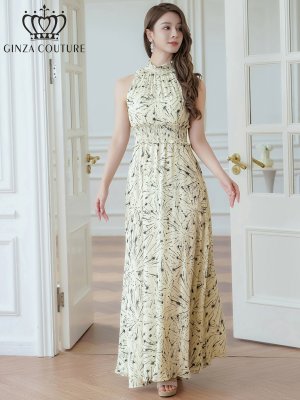 画像5: [送料無料][GINZA COUTURE]ベージュ・首元フリル・金糸・シフォン・ウエストマーク・マキシ・アメリカンスリーブ ・Aライン・ロングドレス[即日発送][大きいサイズあり]