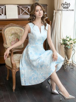 画像1: [送料無料][GINZA COUTURE]ブルー・ピンク×シルバー・ホワイト・ピンク×ゴールド・フラワープリント・金糸・Aライン・ミディアムドレス・ワンピース[即日発送][大きいサイズあり]