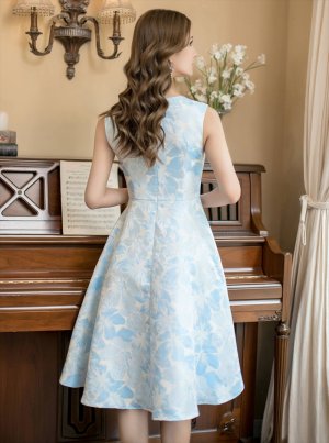 画像4: [送料無料][GINZA COUTURE]ブルー・ピンク×シルバー・ホワイト・ピンク×ゴールド・フラワープリント・金糸・Aライン・ミディアムドレス・ワンピース[即日発送][大きいサイズあり]