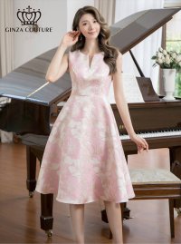 [送料無料][GINZA COUTURE]ピンク×ゴールド・ブルー・ピンク×シルバー・ホワイト・フラワープリント・金糸・Aライン・ミディアムドレス・ワンピース[即日発送][大きいサイズあり]